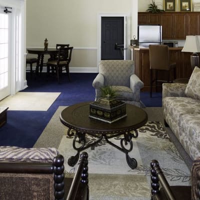 Cozy interior lounge with seating and dining area