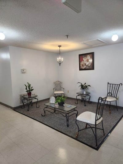 Interior sitting area with chairs and plants