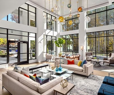Bright and modern lobby area with large windows