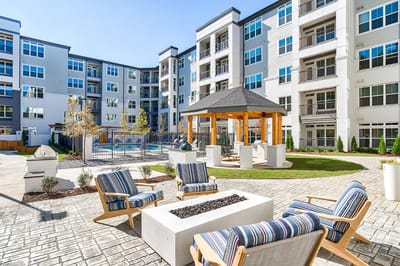 Outdoor amenity area with seating and a gazebo