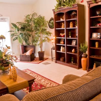 Cozy common area with bookshelves and plants