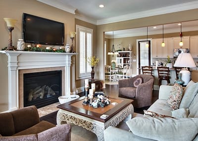 Cozy common area with seating and a fireplace