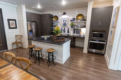 Modern interior kitchen space with seating area