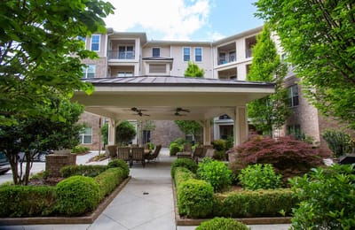 Outdoor seating area with landscaped gardens