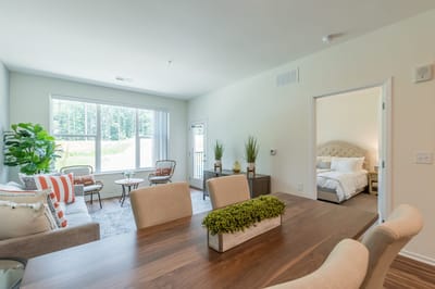 Bright interior of a senior living common area