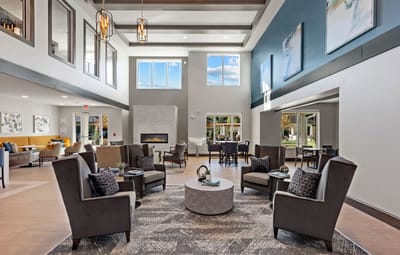 Bright and spacious common area with seating