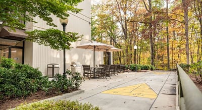 Outdoor seating area surrounded by trees in autumn