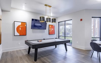 Interior lounge with a pool table and artwork
