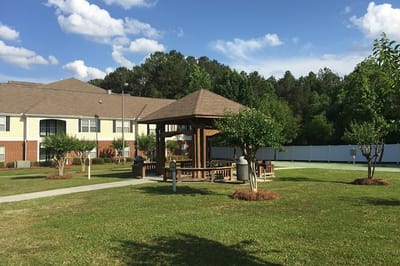 Outdoor gazebo in a community garden area