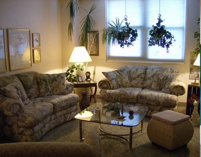 Cozy lounge area with floral couches and plants