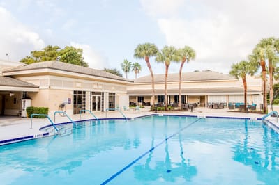 Swimming pool area with palm trees and seating