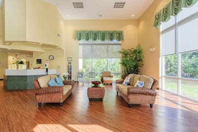 Bright and airy common area with seating