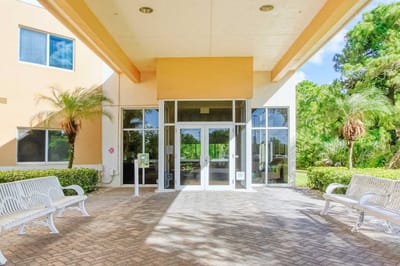 Entrance of Villa Seton facility with seating area