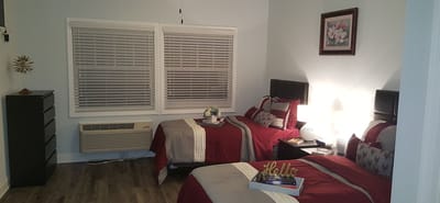 A well-decorated shared bedroom with two beds