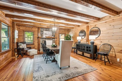 Cozy common area with wooden beams and comfortable seating