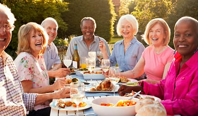 Seniors enjoying a meal outdoors, laughing together.