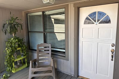 Outdoor porch area with a chair and plants