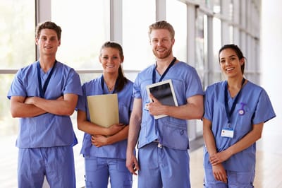 Health care professionals in a common area