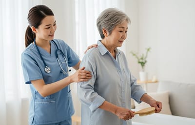 Caregiver assisting a senior woman in an interior setting.