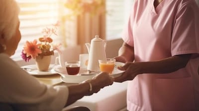 Caregiver serving beverages to a resident
