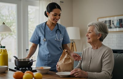 Healthcare worker assisting a senior at home