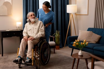 Staff assisting a resident in a living area.