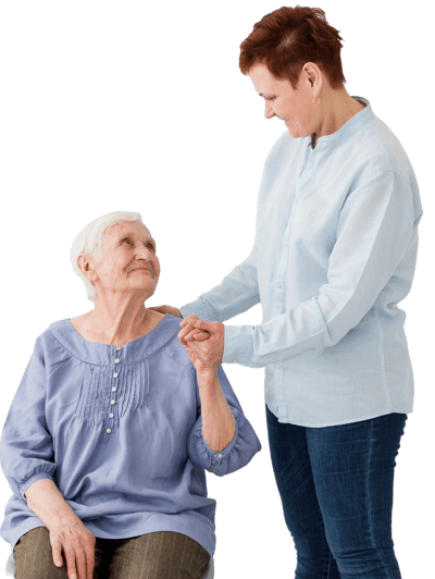 Caregiver interacting with elderly resident.