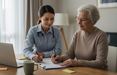 Healthcare worker assisting elder patient with paperwork