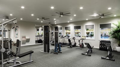 Interior of a modern fitness area with gym equipment