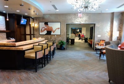 Interior view of a common area with seating and art