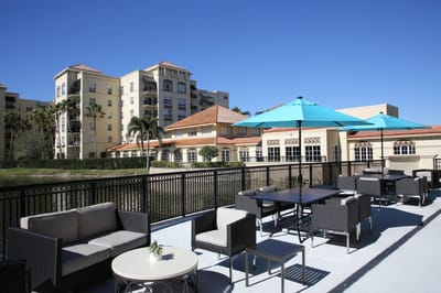 Outdoor seating area with umbrellas overlooking water
