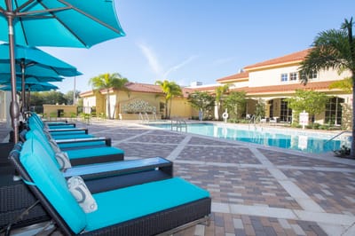 Outdoor pool area with loungers and umbrellas