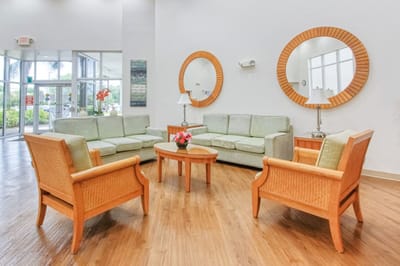 Bright and inviting common area with seating