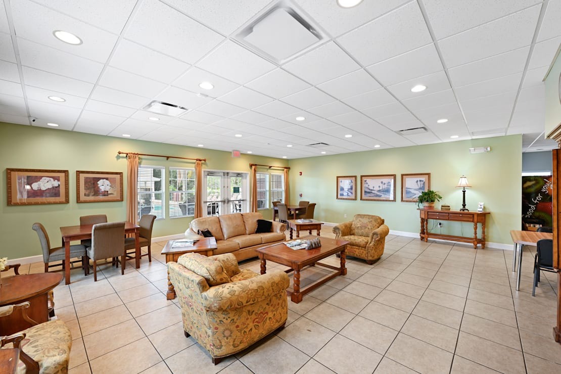 Common area with seating and artwork