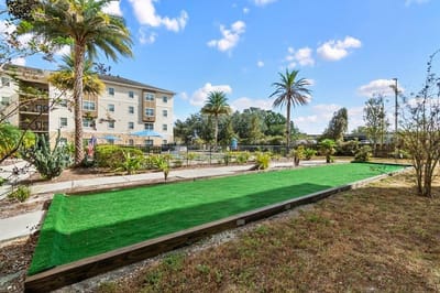 Outdoor green space with palms and building in background