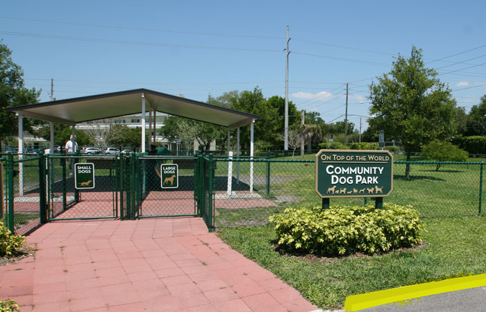 Outdoor dog park with fenced areas for small and large dogs