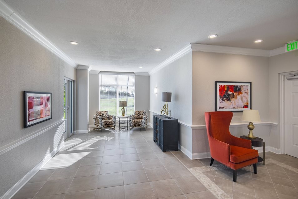 Bright interior common area with seating
