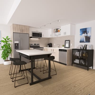 Modern kitchen in a bright assisted living unit