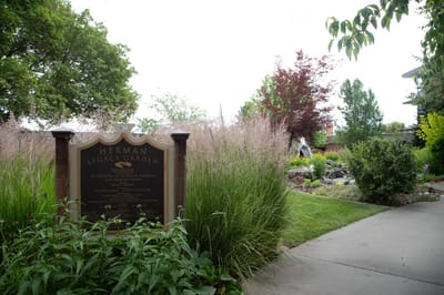Beautiful landscaped garden with a sign.