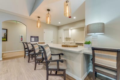 Bright common area with seating and modern décor