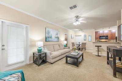 Bright and welcoming living room in a senior facility