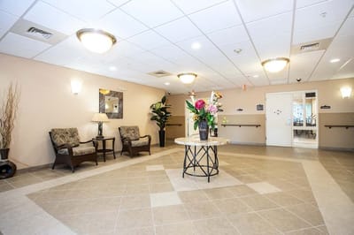 Interior view of a lobby area with seating and decor