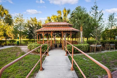 A picturesque gazebo surrounded by greenery