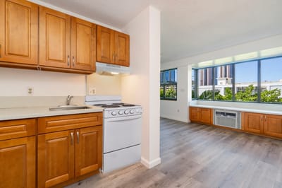 Bright kitchen area in a senior housing unit