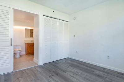 Interior view of a senior living unit with bathroom