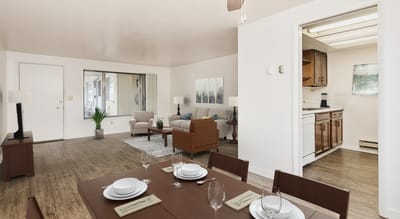 Bright interior apartment space with dining area
