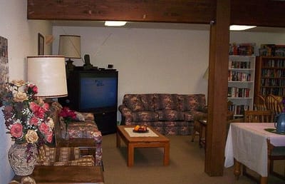 Cozy common area with couches and bookshelves
