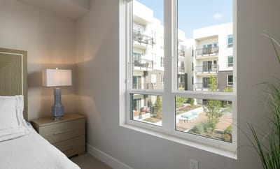 Bright interior room with a view of the outdoors