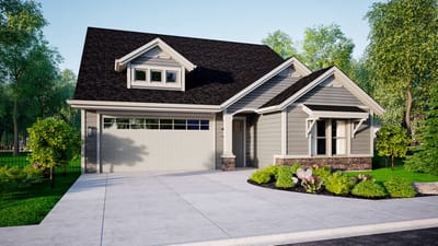 Exterior view of a modern bungalow home with landscaping