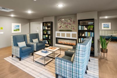 Bright common area with seating and decor